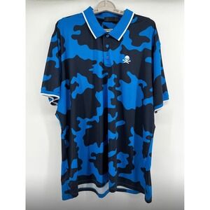G/Fore Golf Mens Stretch Polyester Polo Skull LARGE Black Blue Exploded Camo